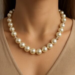 Faux pearl bead necklace slip over faceted beads 18” vintage